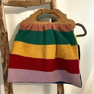 Colorful Wide Rainbow Stripe XL Knit Crochet Vintage Handmade Bag Wood Handle